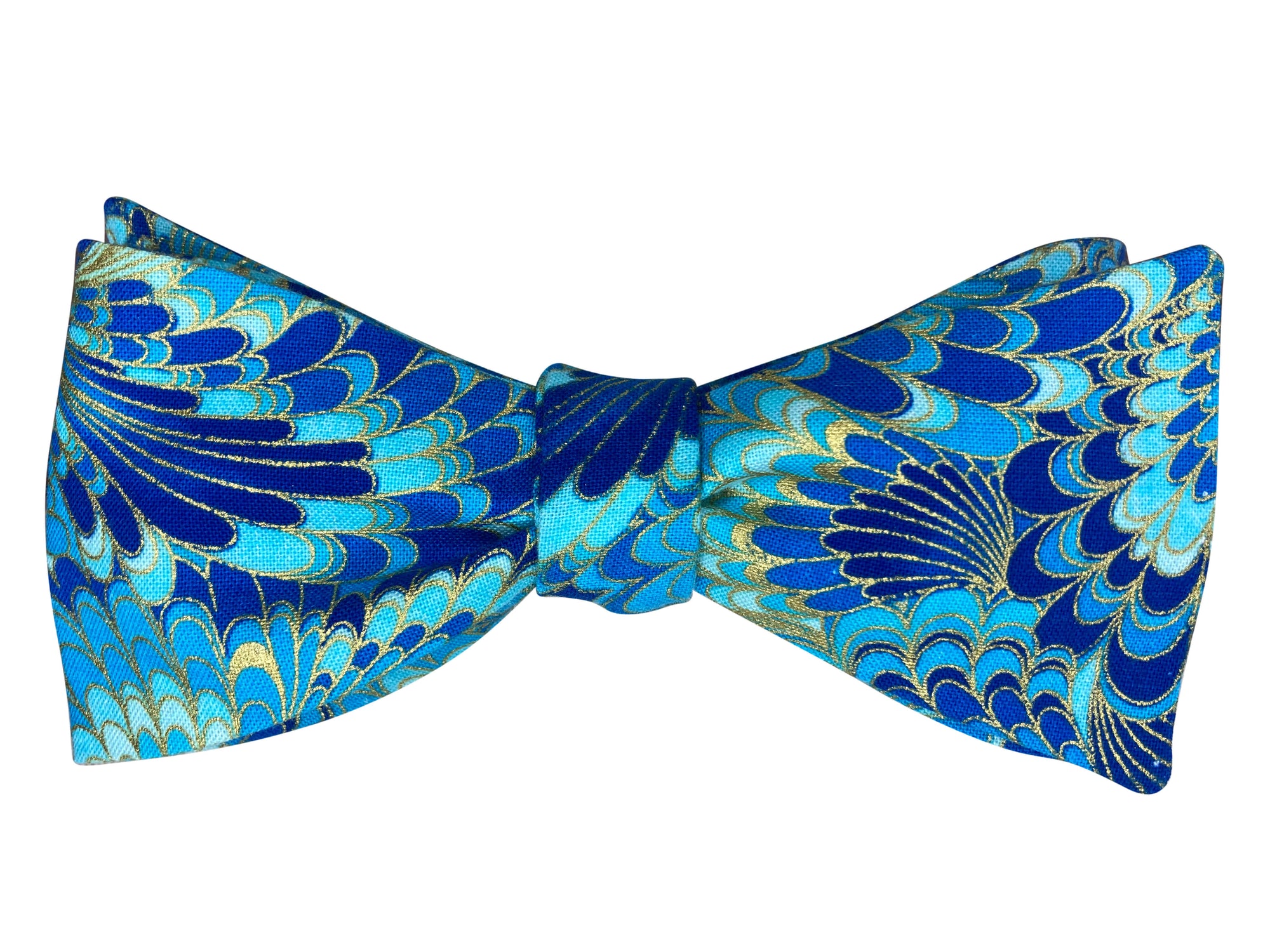 blue and gold feathers self tie bow tie