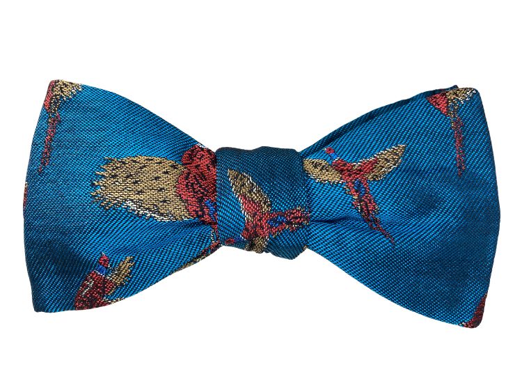 kingfisher blue with pheasants jacquard silk self tie bow tie