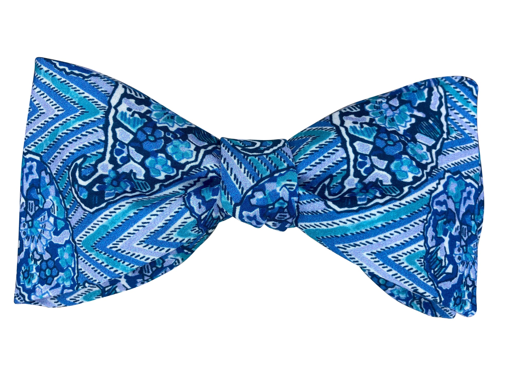 modern blue paisley self tie bow tie