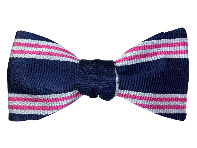 Navy blue pink and silver stripe jacquard silk self tie bow tie