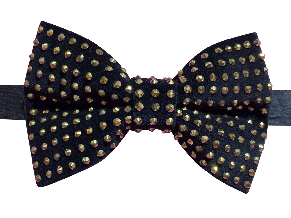 gold studded crystal black velvet bow tie