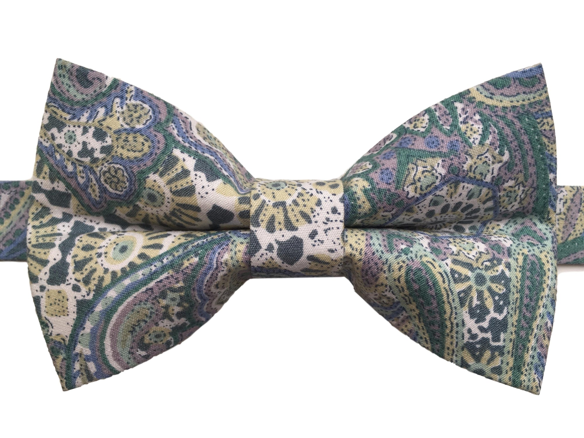 green blue and mauve paisley bow tie