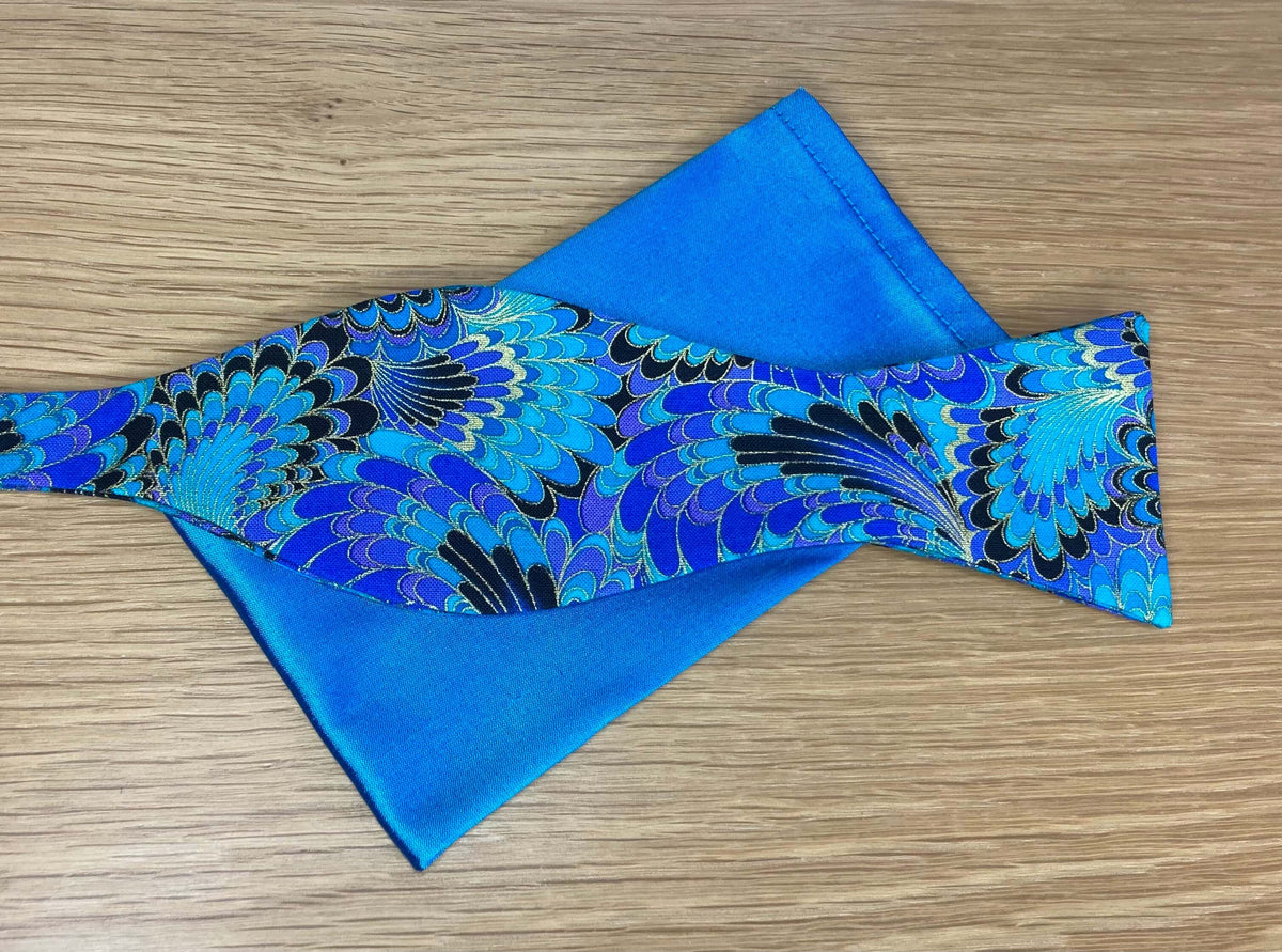 Atlantic Blue pure silk pocket square and majestic peacock self tie bow tie