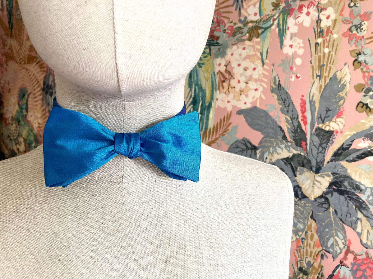 Atlantic blue dupion silk self tie bow tie on Buster