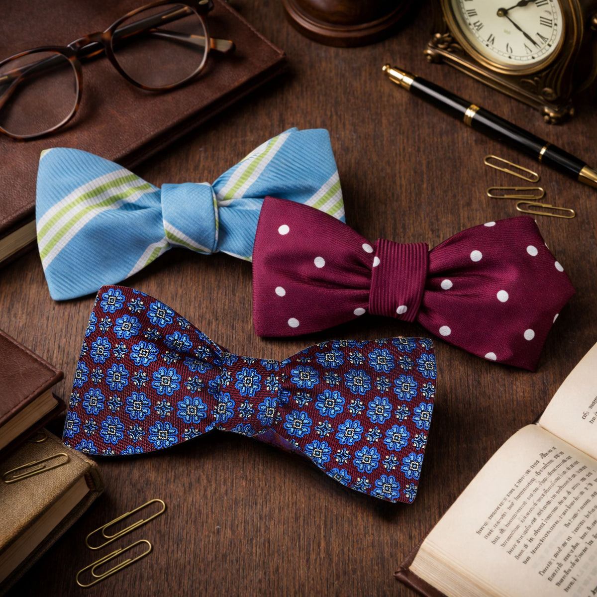 The Professor’s Collection – Academic Bow Tie Trio | Floral, Polka Dot & Stripe