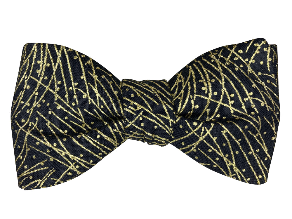 black and metallic gold lines and dots self tie bow tie