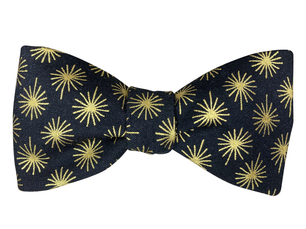 black and metallic gold starbursts self tie bow tie