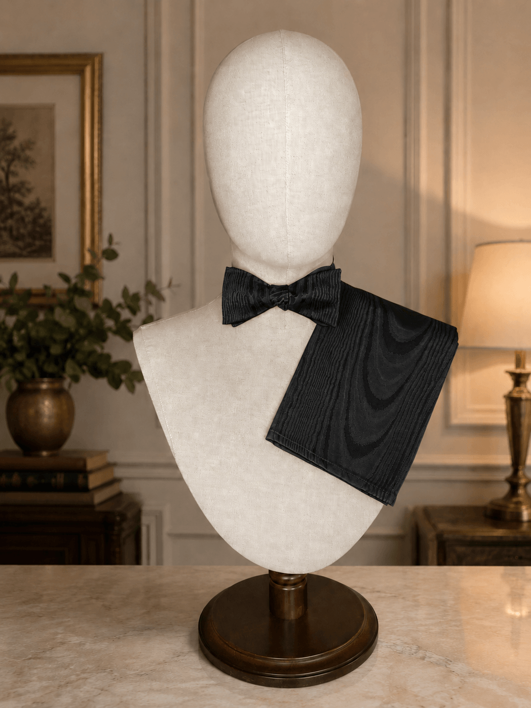black moire silk pocket square and bow tie