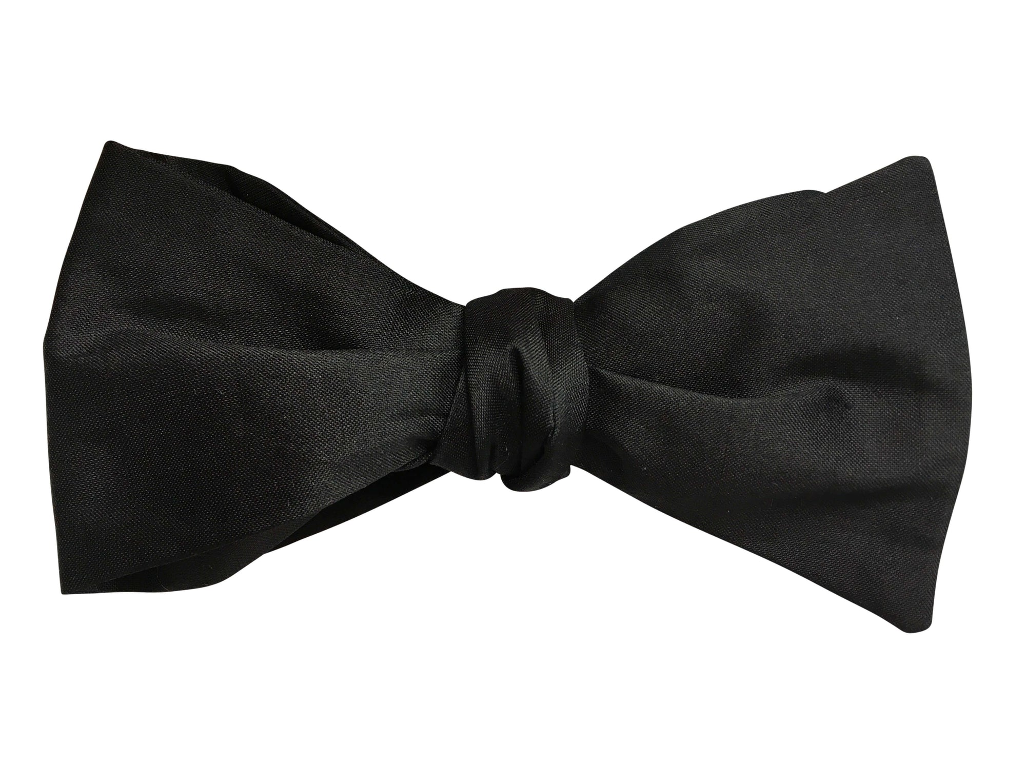 Black silk fitted one piece non adjustable self tie bow tie