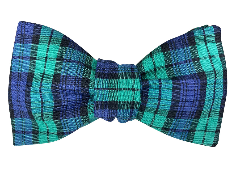 green and blue/purple black watch tartan self tie bow tie