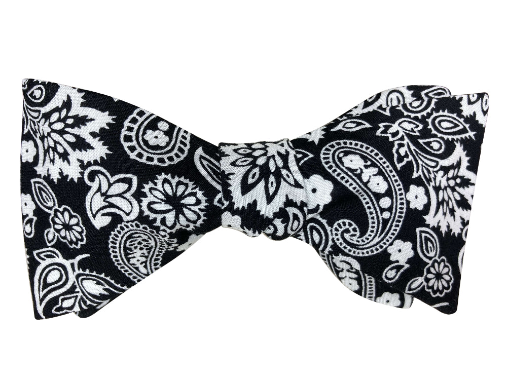 black and white floral paisley self tie bow tie