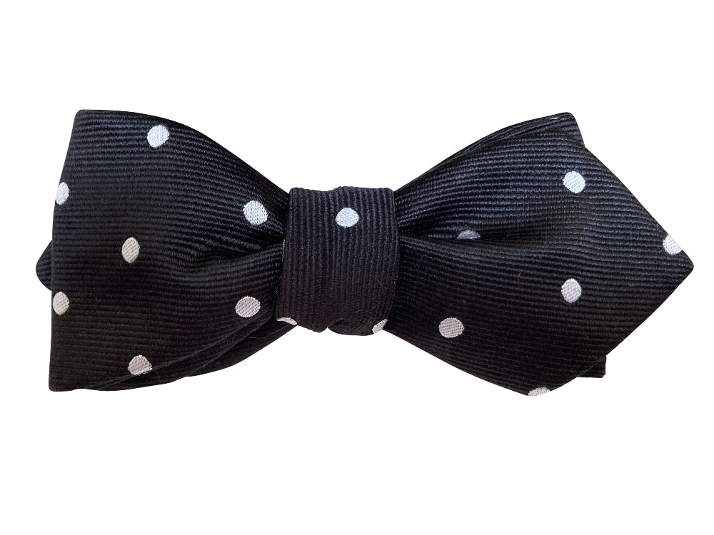 black and white polka dot silk diamond point self tie bow tie