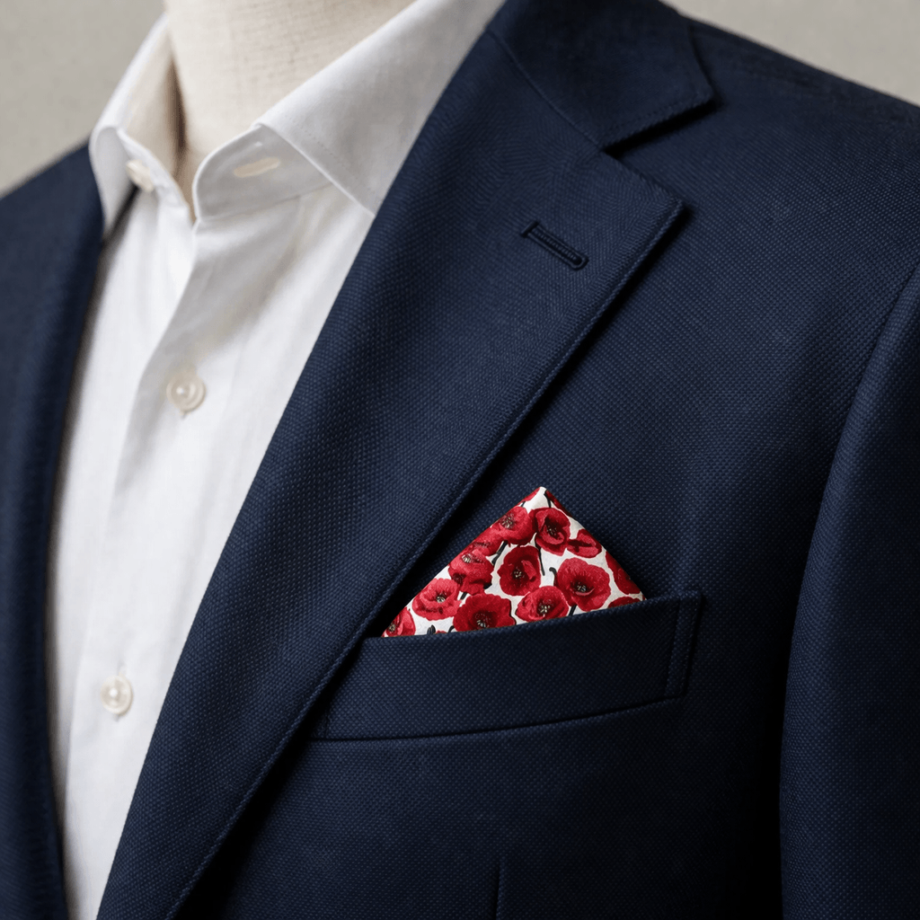 red poppies on white background pocket square in a blue blazer pocket