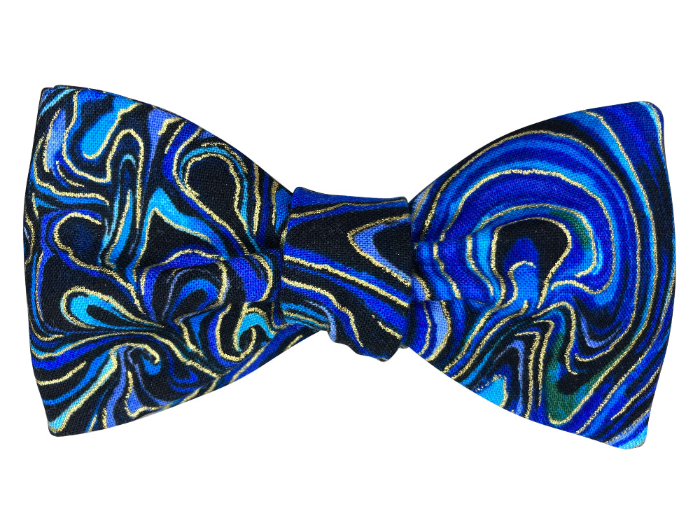 Blue and metallic gold marble self tie bow tie