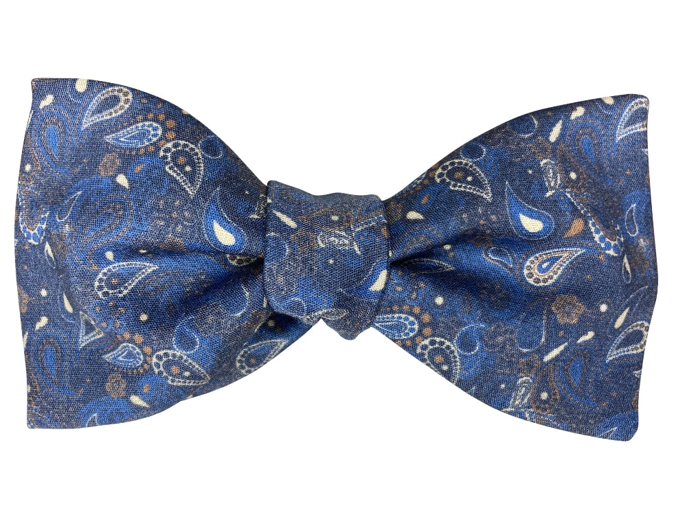 blue and brown paisley self tie bow tie