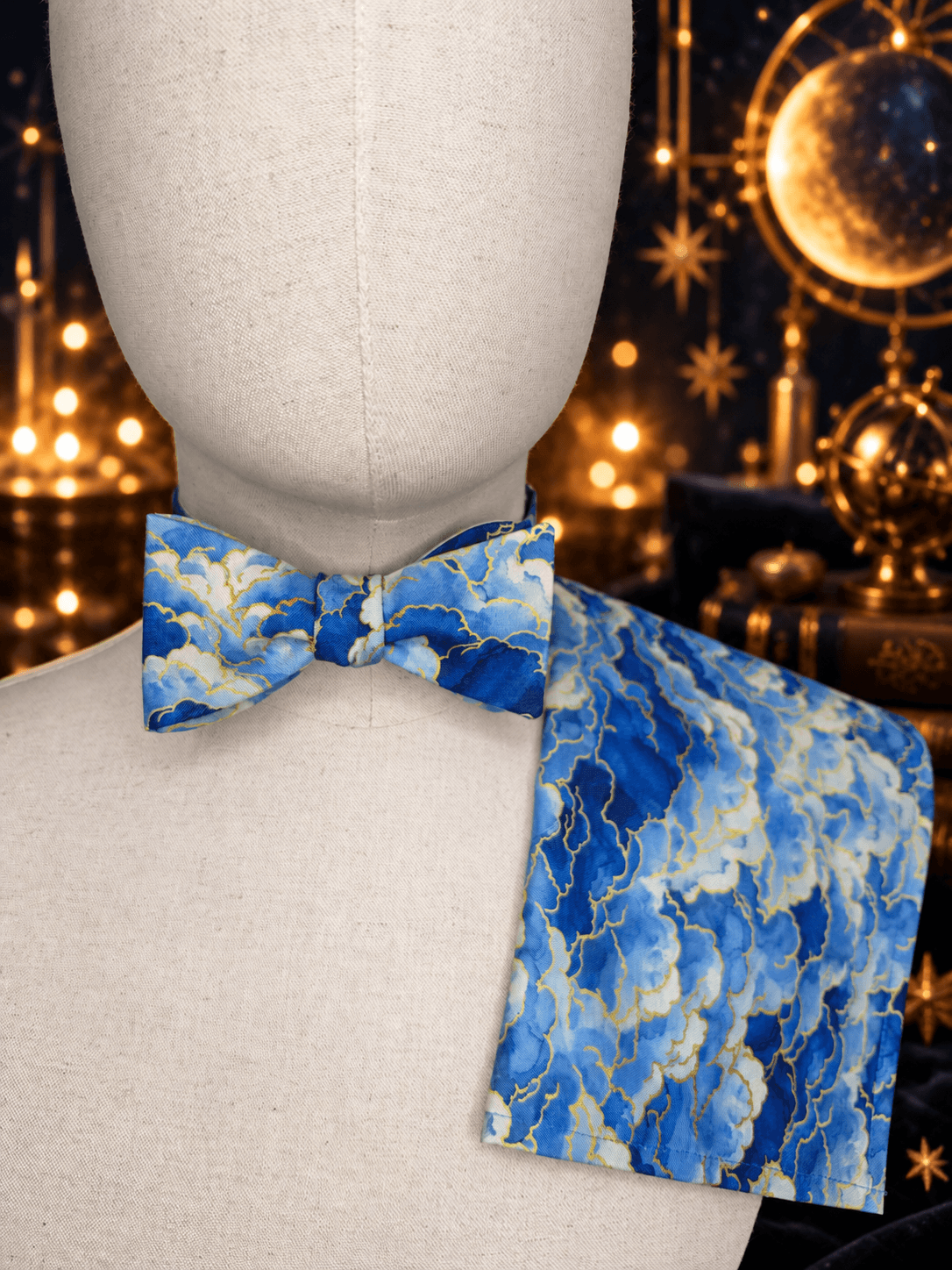 blue clouds pocket square and bow tie