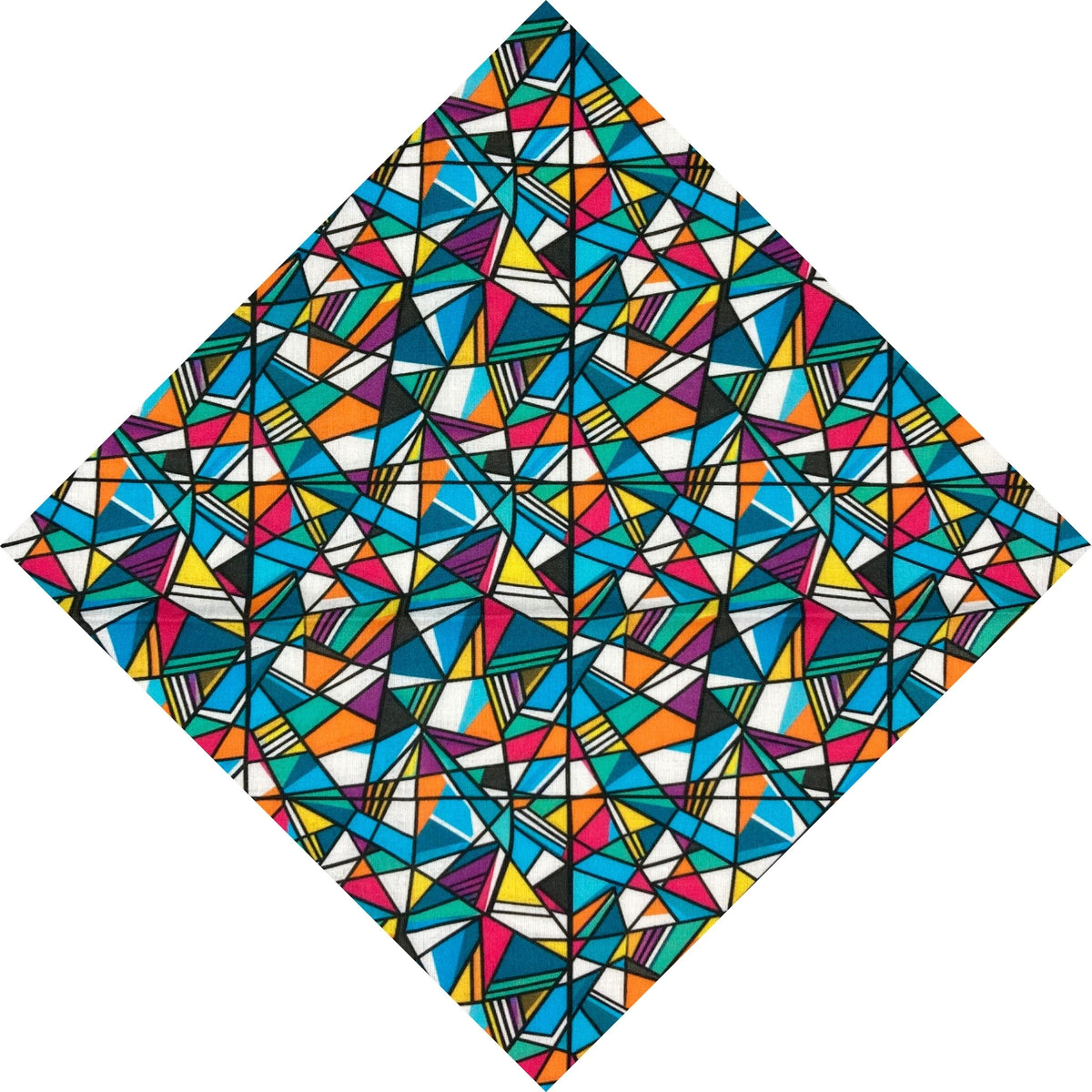 A pocket square featuring a vibrant, dense geometric pattern of interlocking triangles in multiple colours including blue, pink, orange, yellow, purple, and white, separated by thin black lines.
