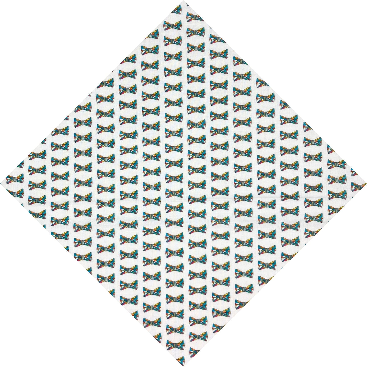 A pocket square featuring a repeating pattern of small bowties in teal, black, and white.