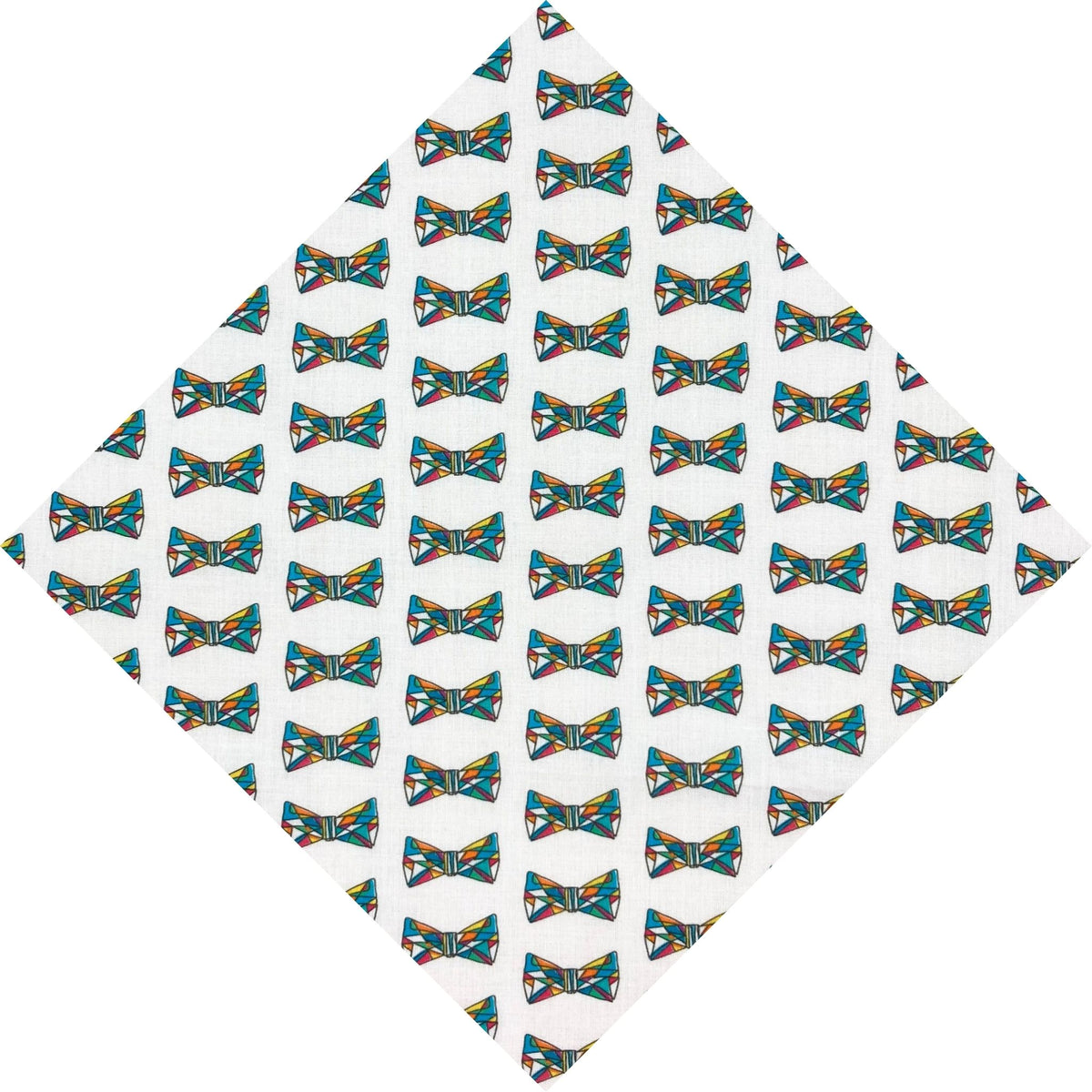 A white pocket square featuring a repeating pattern of colourful bow ties in teal, yellow, red, and blue.