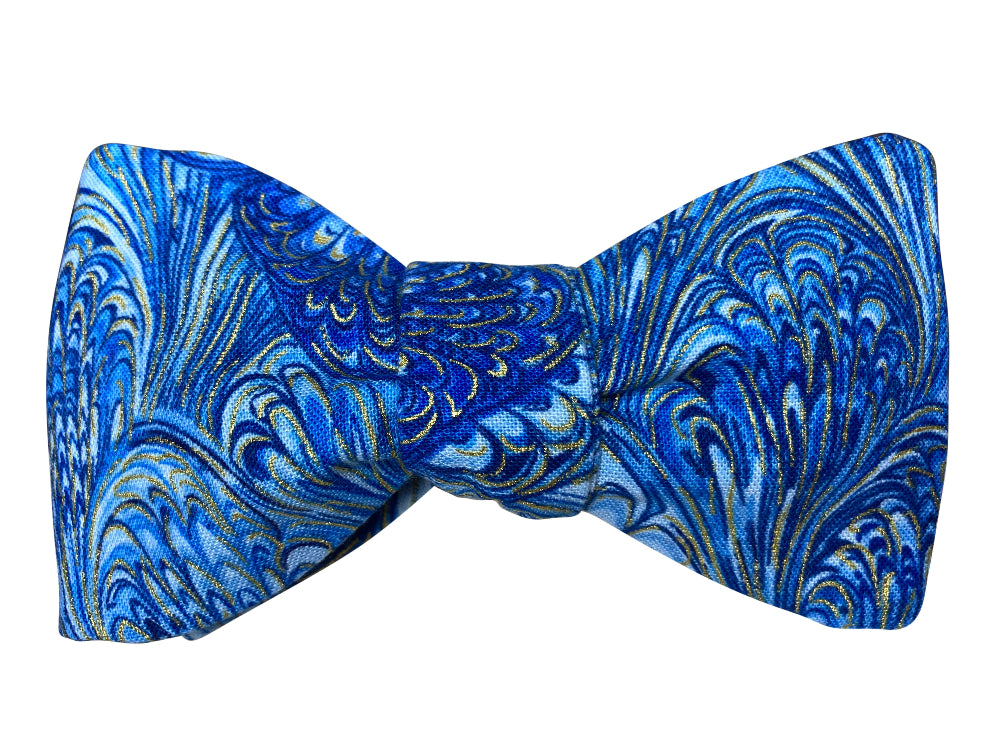blue and gold feathers self tie bow tie