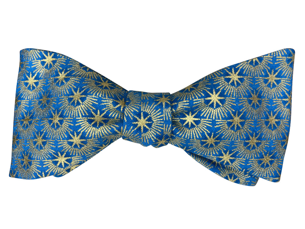 blue and gold metallic starburst self tie bow tie