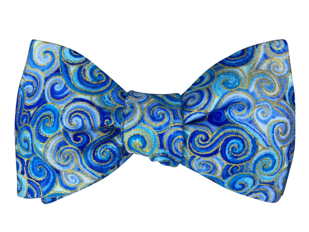 blue and gold scrolls self tie bow tie