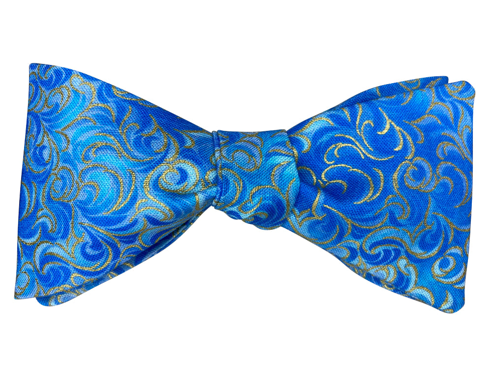 blue and metallic gold swirls self tie bow tie