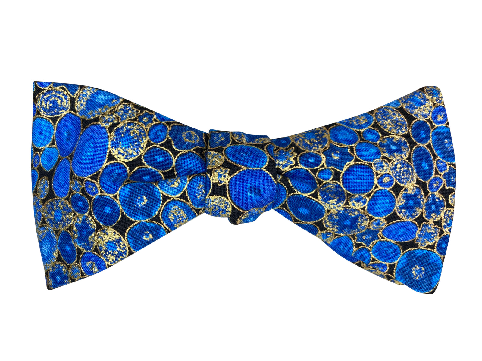 vivd blue and metallic gold self tie bow tie inspired by the artwork of gustav klimt 