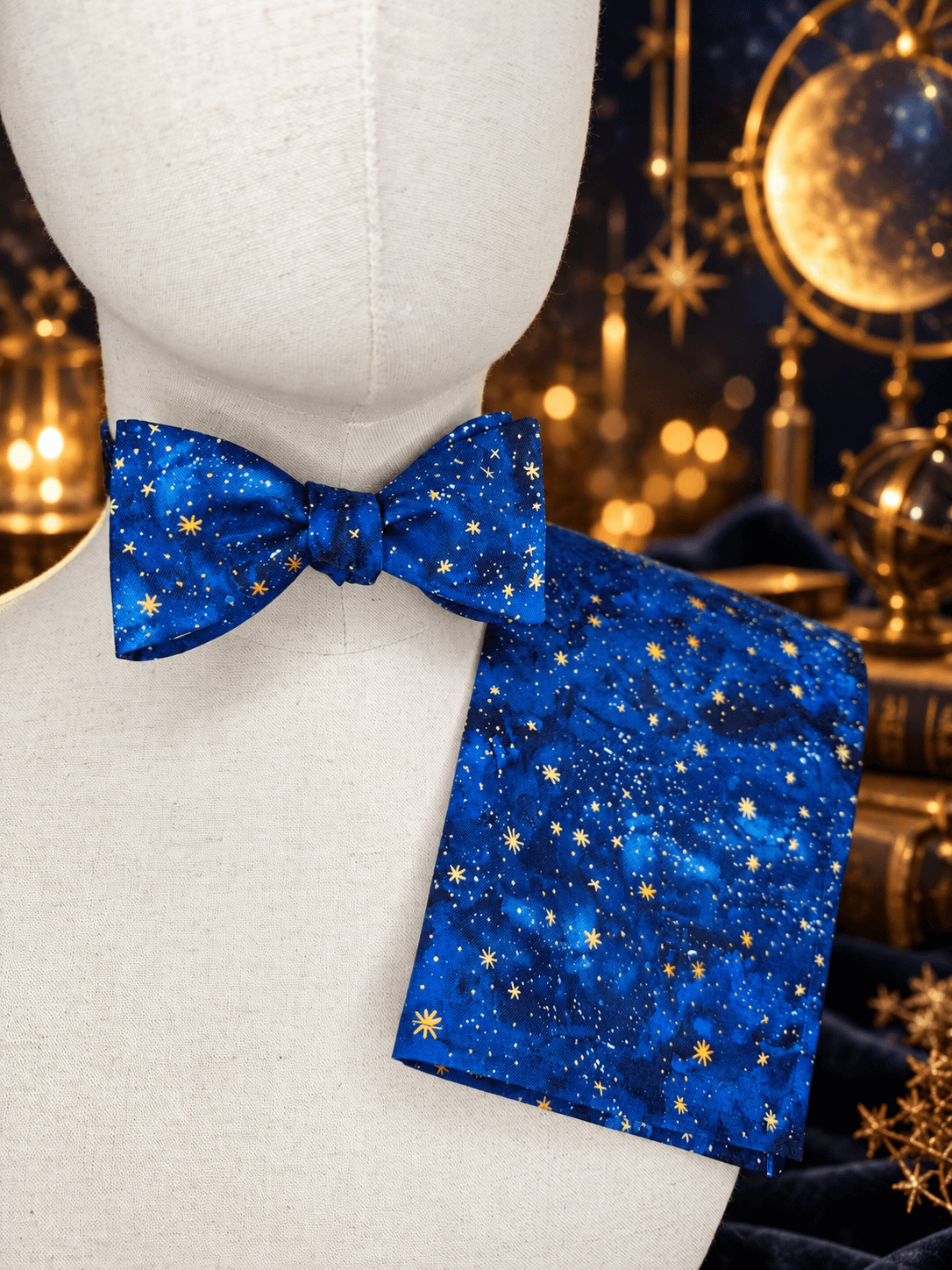 blue night sky with gold stars pocket square and bow tie