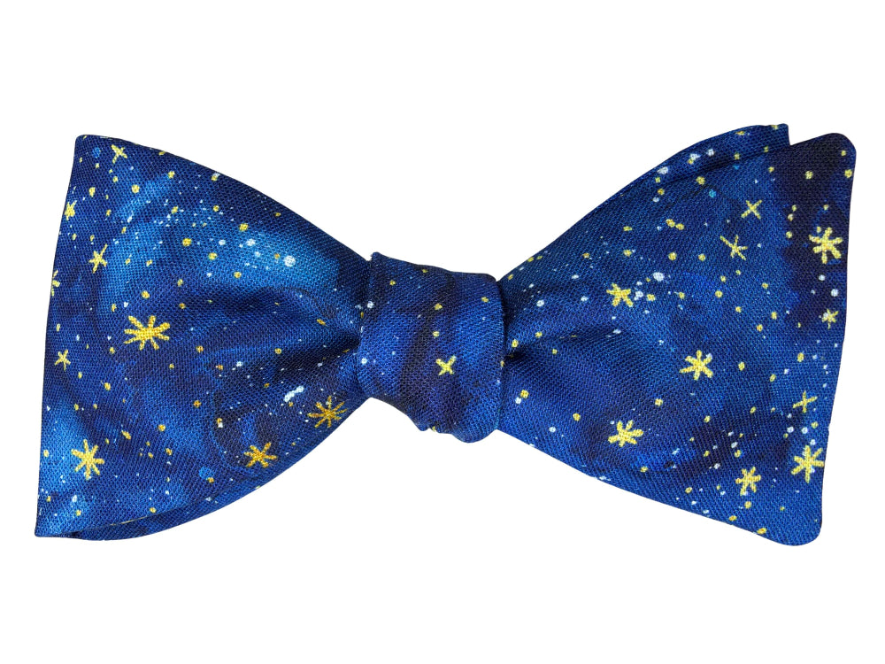 blue night sky with gold stars bow tie