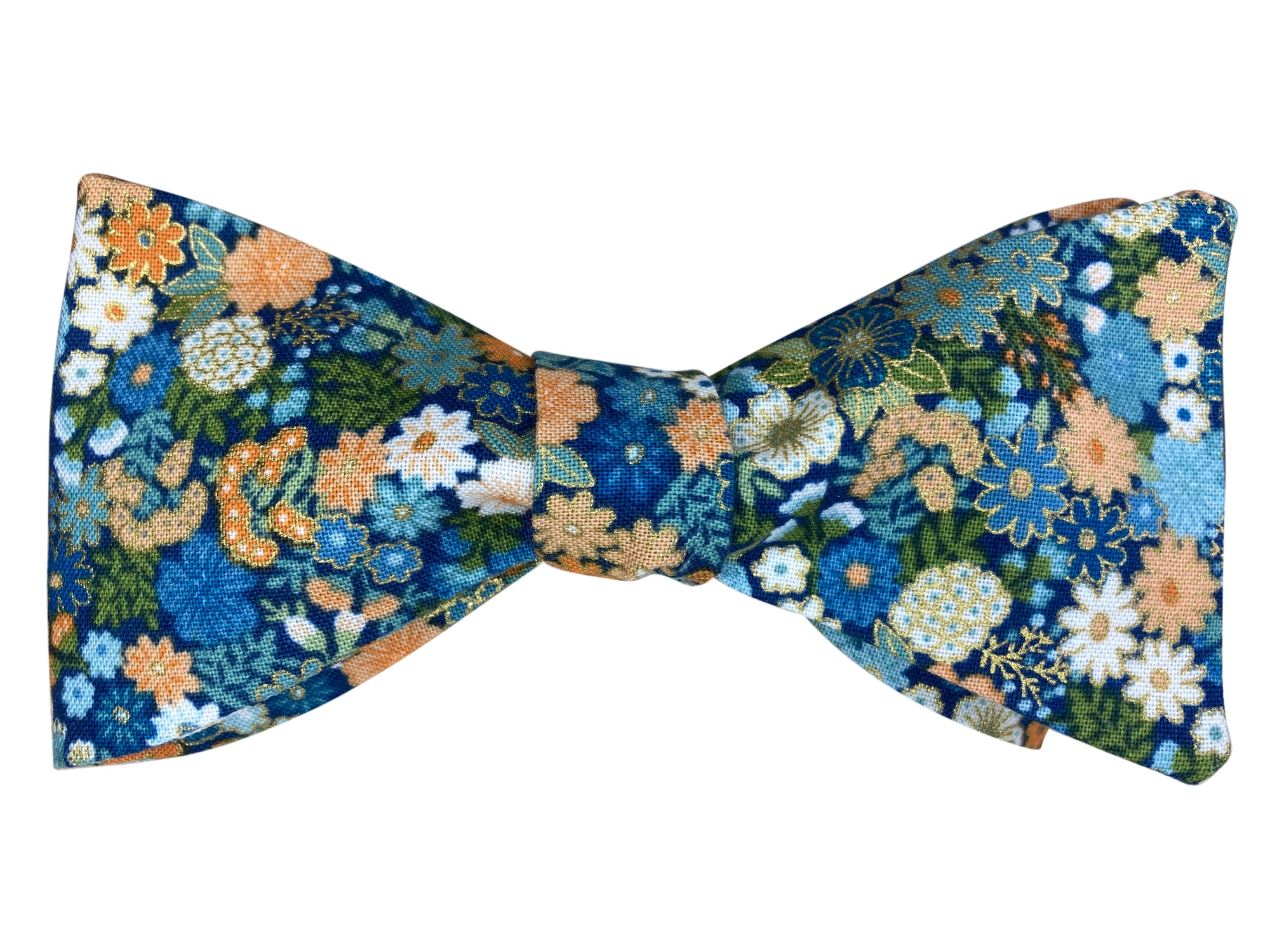 Blue and peach floral self tie bow tie