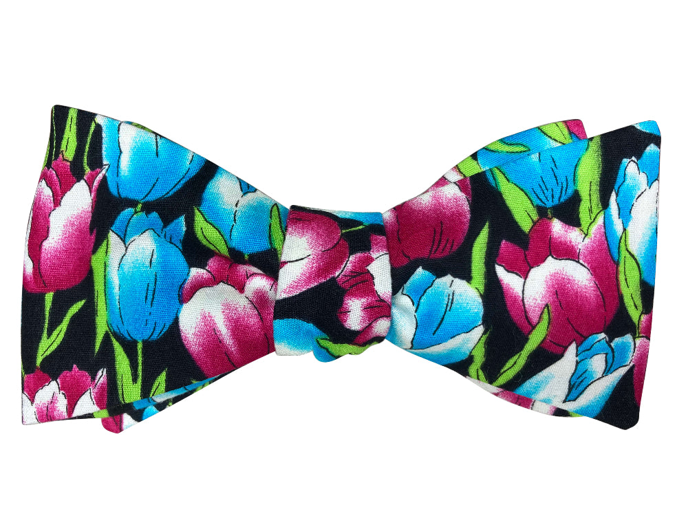 pink and blue tulips self tie bow tie
