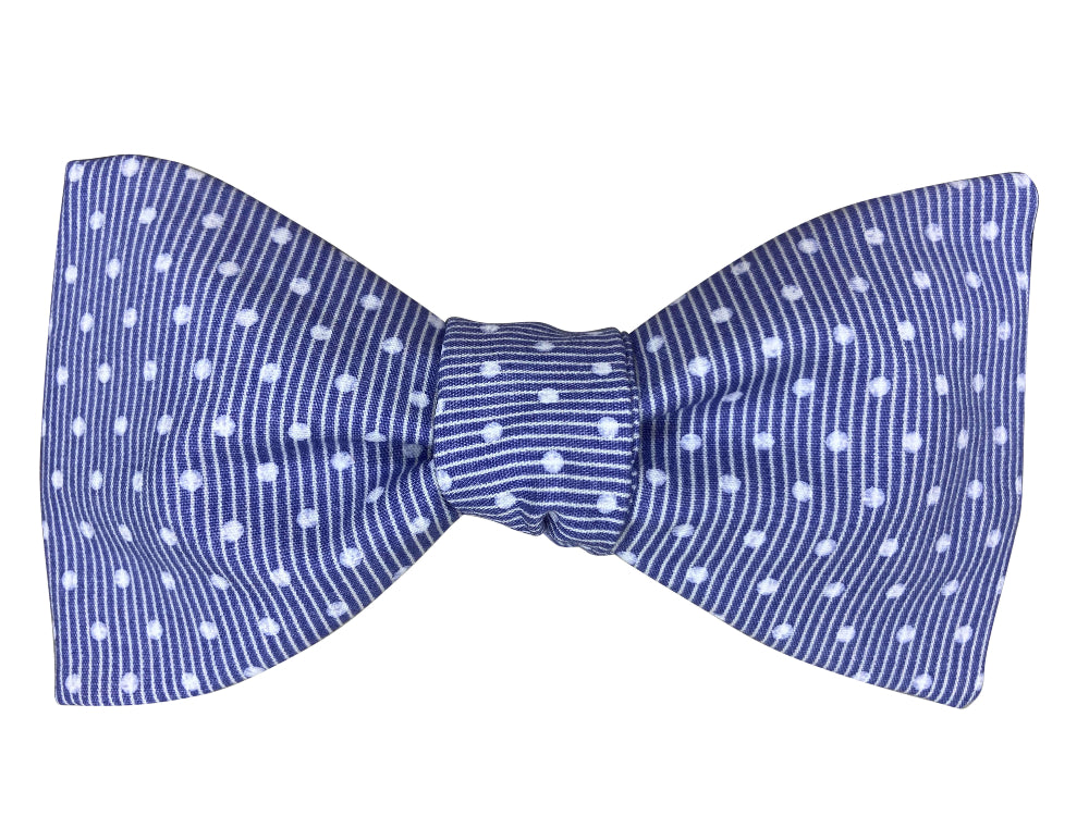 denim blue pinstripe bow tie with white polka dots