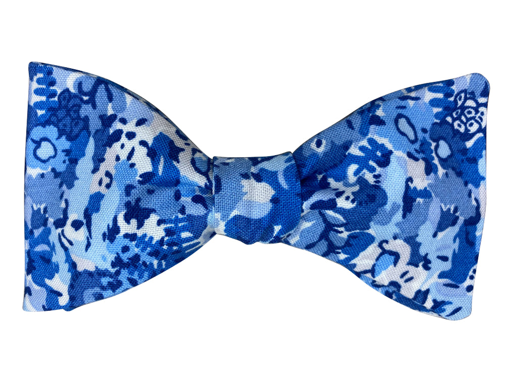 blue and white abstract floral self tie bow tie