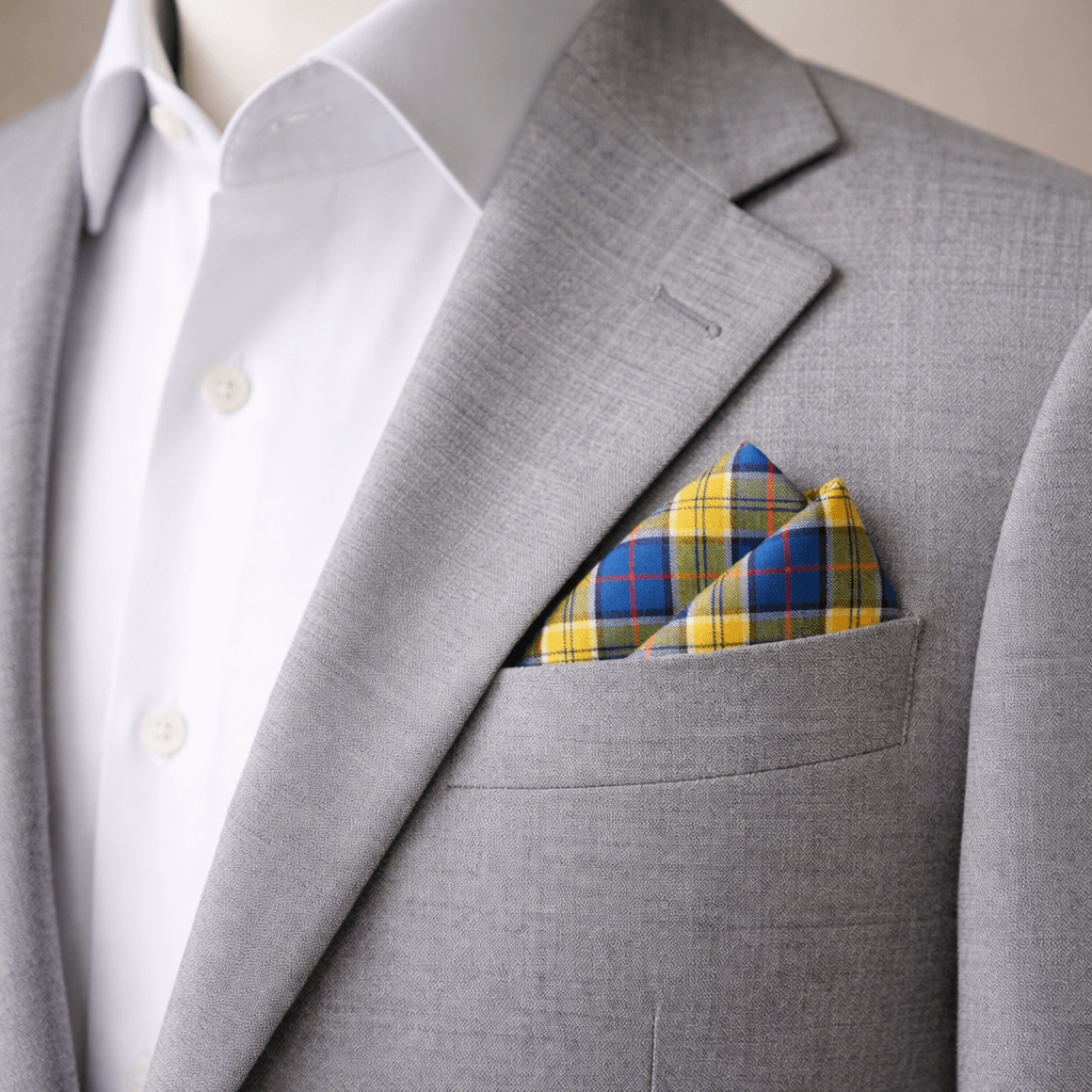blue yellow and red tartan check pocket square in a grey blazer