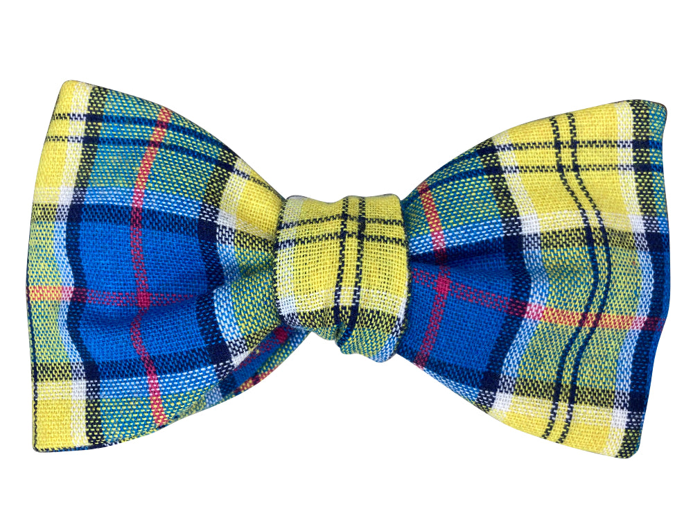 Plaid self tie bow tie with blue, yellow, and red check