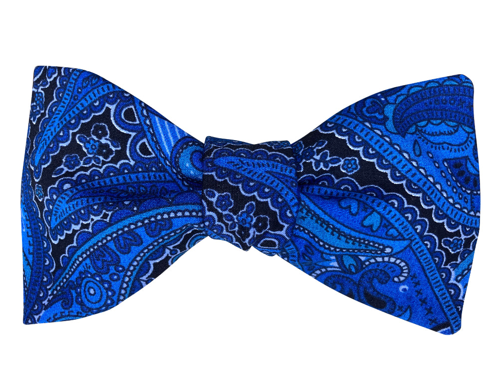 Blue paisley patterned self tie bow tie 