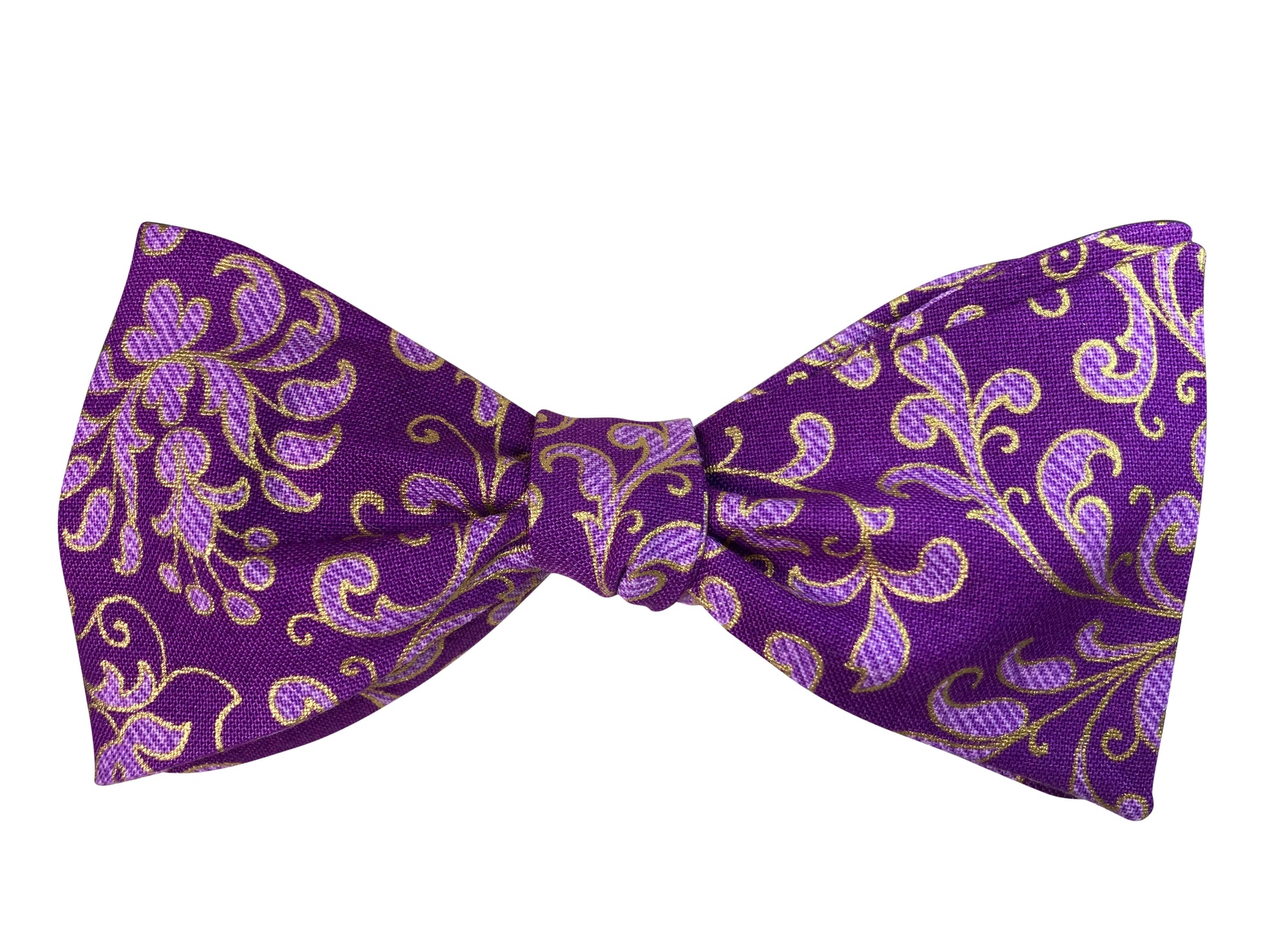 Purple and gold filigree bridgerton style self tie bow tie