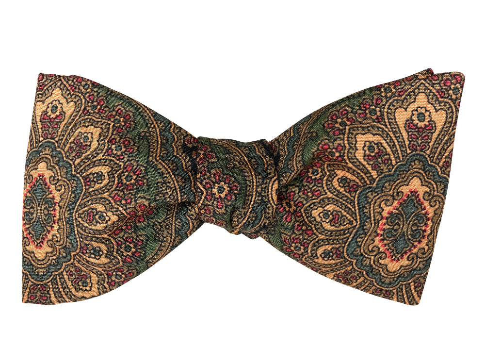 brown, green and gold paisley self tie bow tie