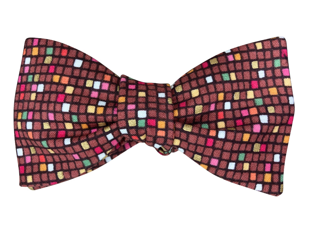 brown and multicolour pixels self tie bow tie