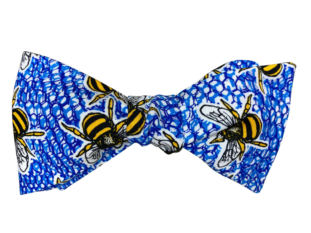 blue self tie bow tie with bumble bees