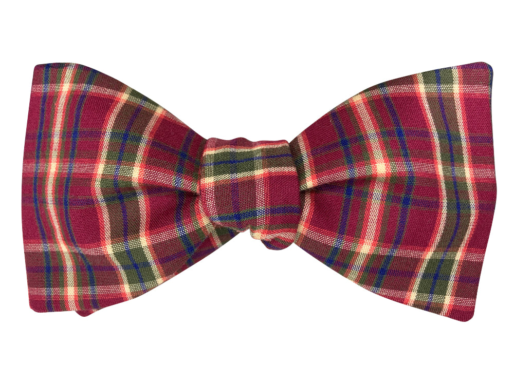 burgundy tartan self tie bow tie