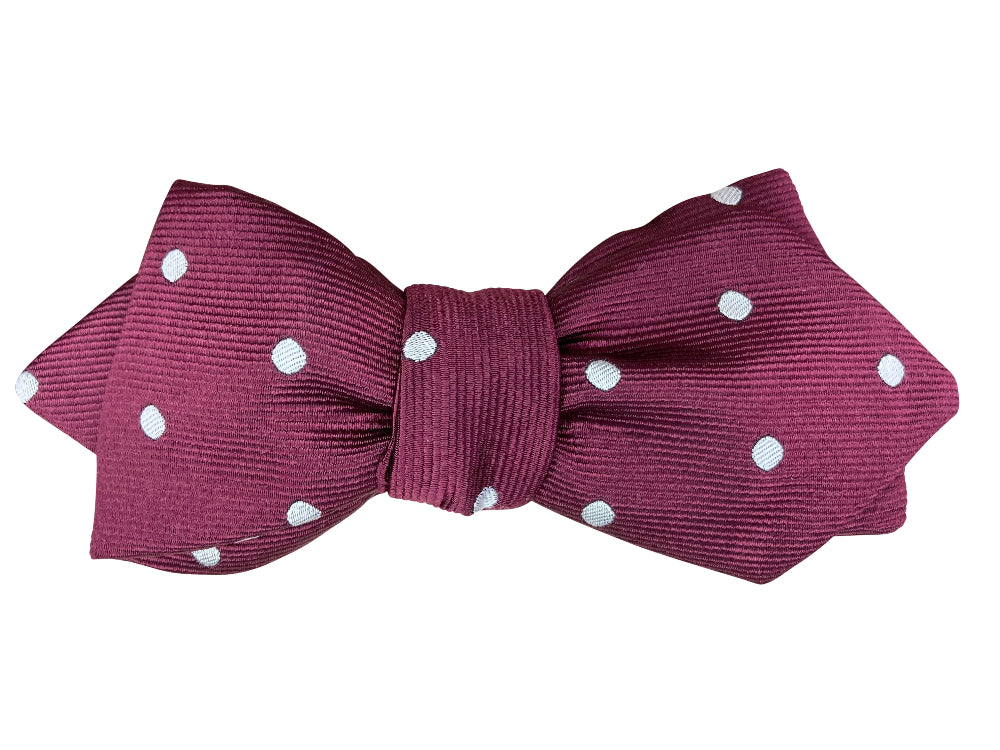 burgundy and white polka dot silk diamond point self tie bow tie