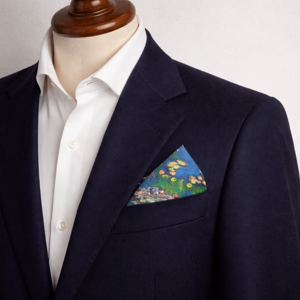 claude monets water liies blue and green pocket square in a blue blazer
