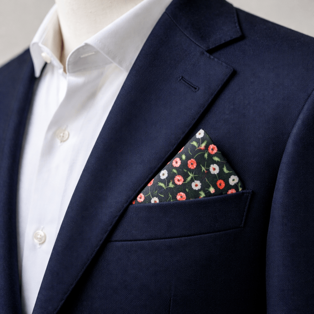 red pink and white poppies on a black background pocket square in a blue blazer pocket