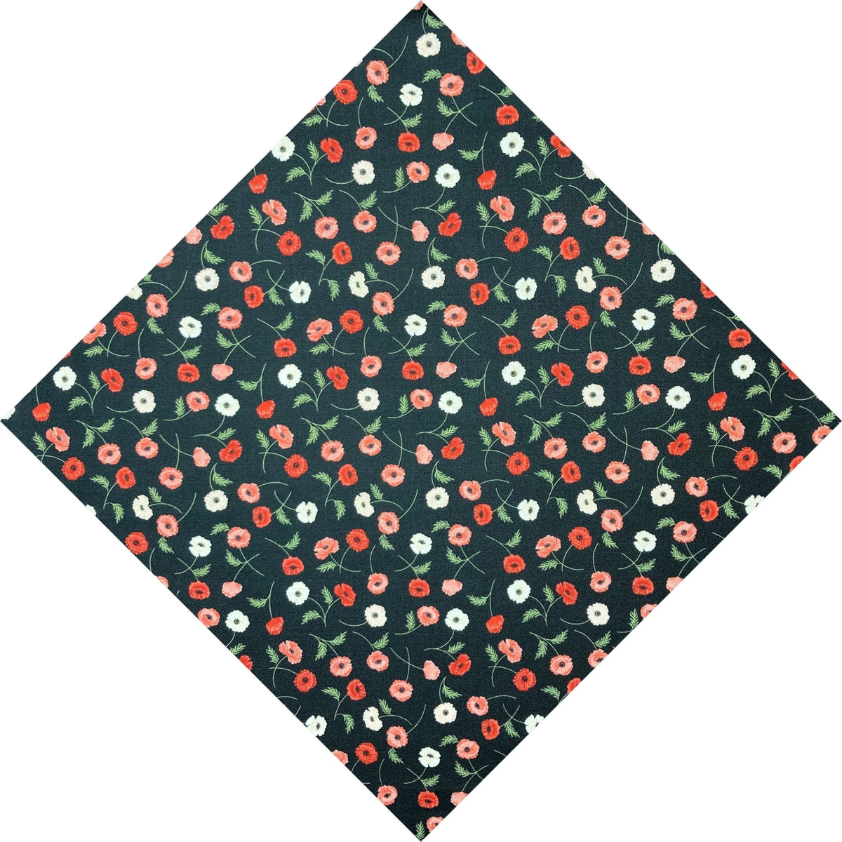 red pink and white poppies on a black background pocket square