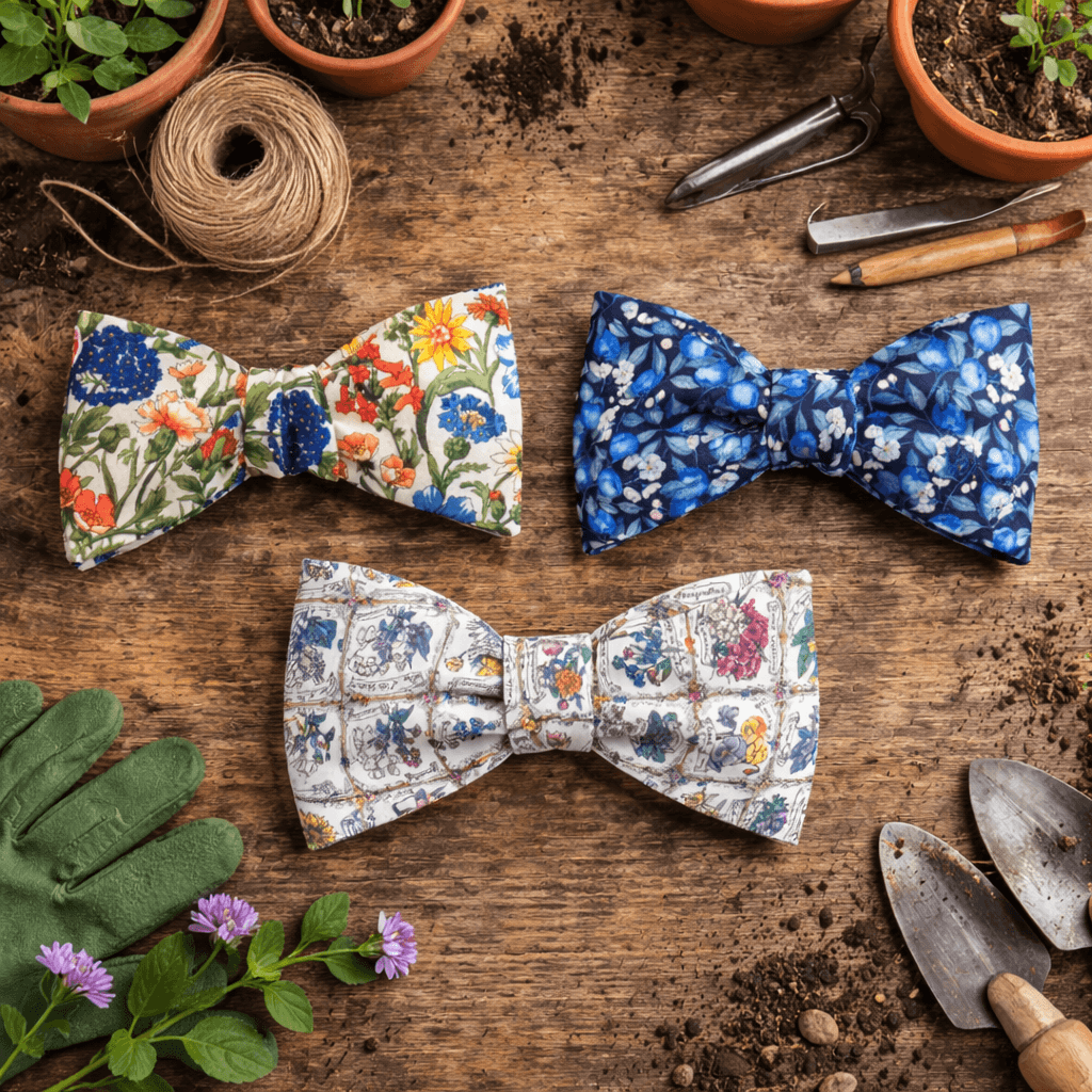 three liberty print floral bow ties in a potting shed