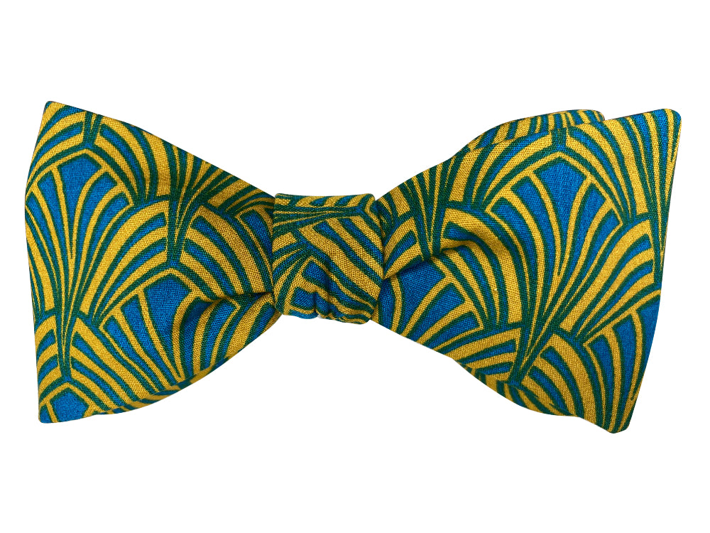 gold and turquoise art deco self tie bow tie