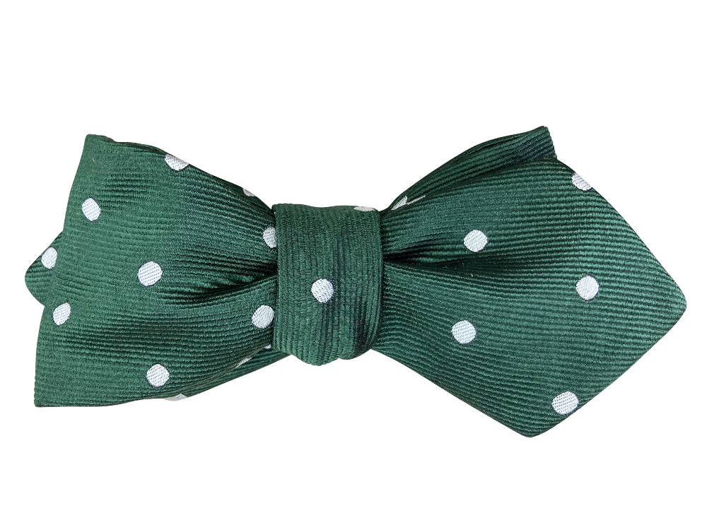 green and white polka dot silk diamond point self tie bow tie