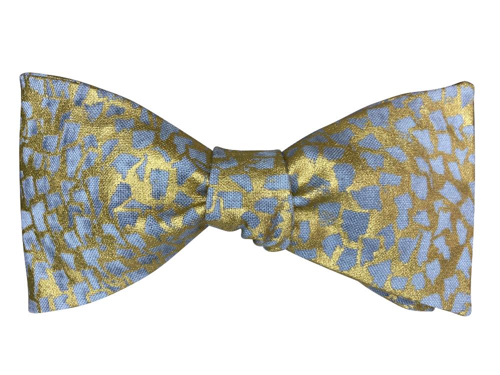 grey and metallic gold self tie bow tie inspired by gustav klimt